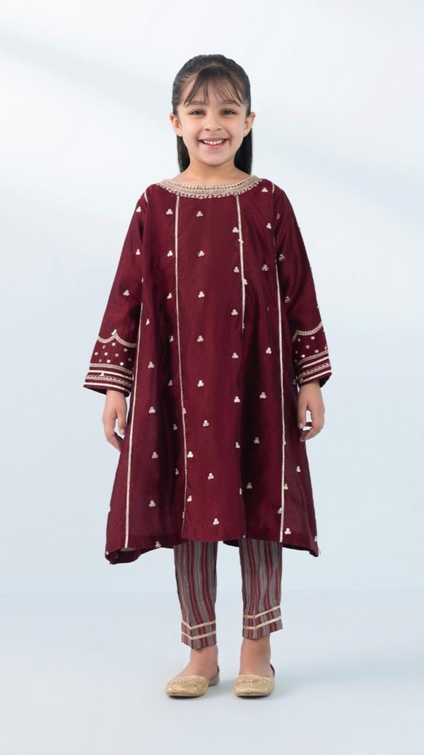 Kids 3PC Emb Lawn Dress With Net Dupatta - (Unstitched) - AL323