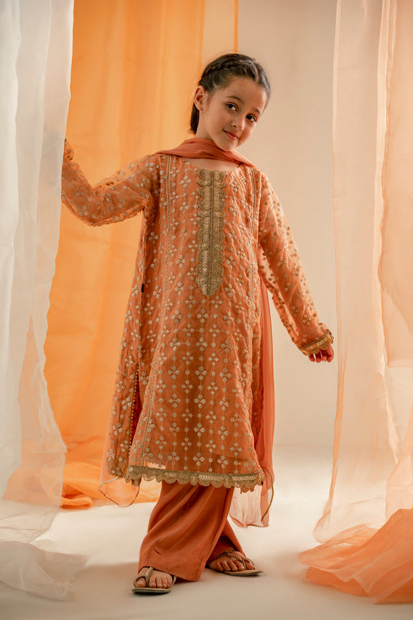 Kids 3PC Emb Lawn Dress With Net Dupatta - (Unstitched) - AL316