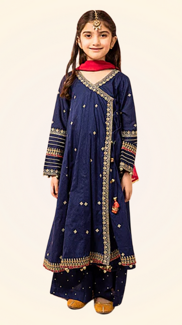 Kids 3PC Emb Lawn Dress With Net Dupatta - (Unstitched) - AL318