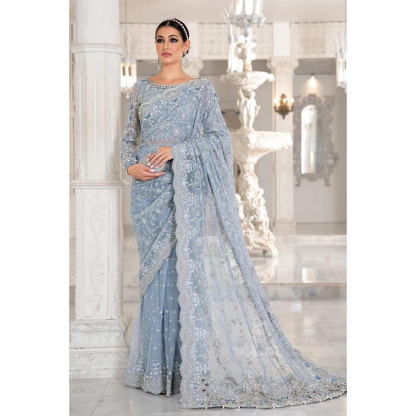 MB Couture Ice Blue Net Saree Collection -Unstitched (MB-SC03)